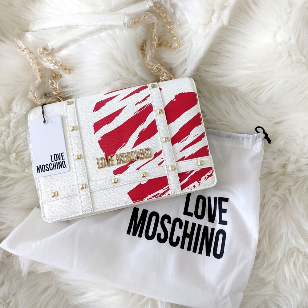 Love Moschino Shoulder Bag White with Red Studded Heart Gold Chain Strap